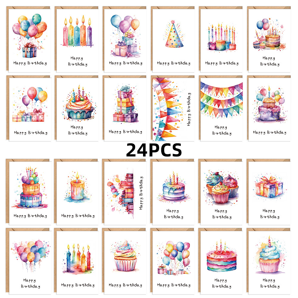 Cross border new cartoon children watercolor greeting card 24pcs suit with envelope handwritten birthday party invitation card