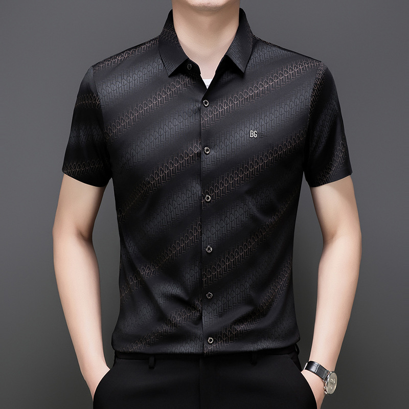 Factory Direct Sales Summer New Short-Sleeved Men's Shirt Ice Silk Thin Breathable Elastic Printed Lapel Shirt for Men
