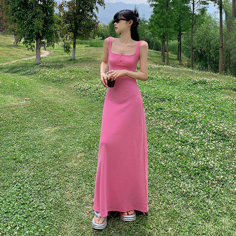Black Suspender Dress for Women 2024 Summer New Slim Stretch Knitted Skirt Elegant High-end Vest Long Skirt