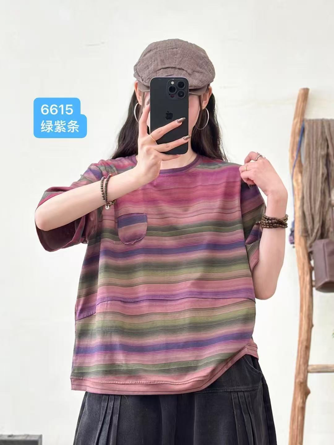 2026 Spring/Summer New Short Sleeve Retro Striped Color Block Pocket T-Shirt for Women, Loose Round Neck Half Sleeve T-Shirt