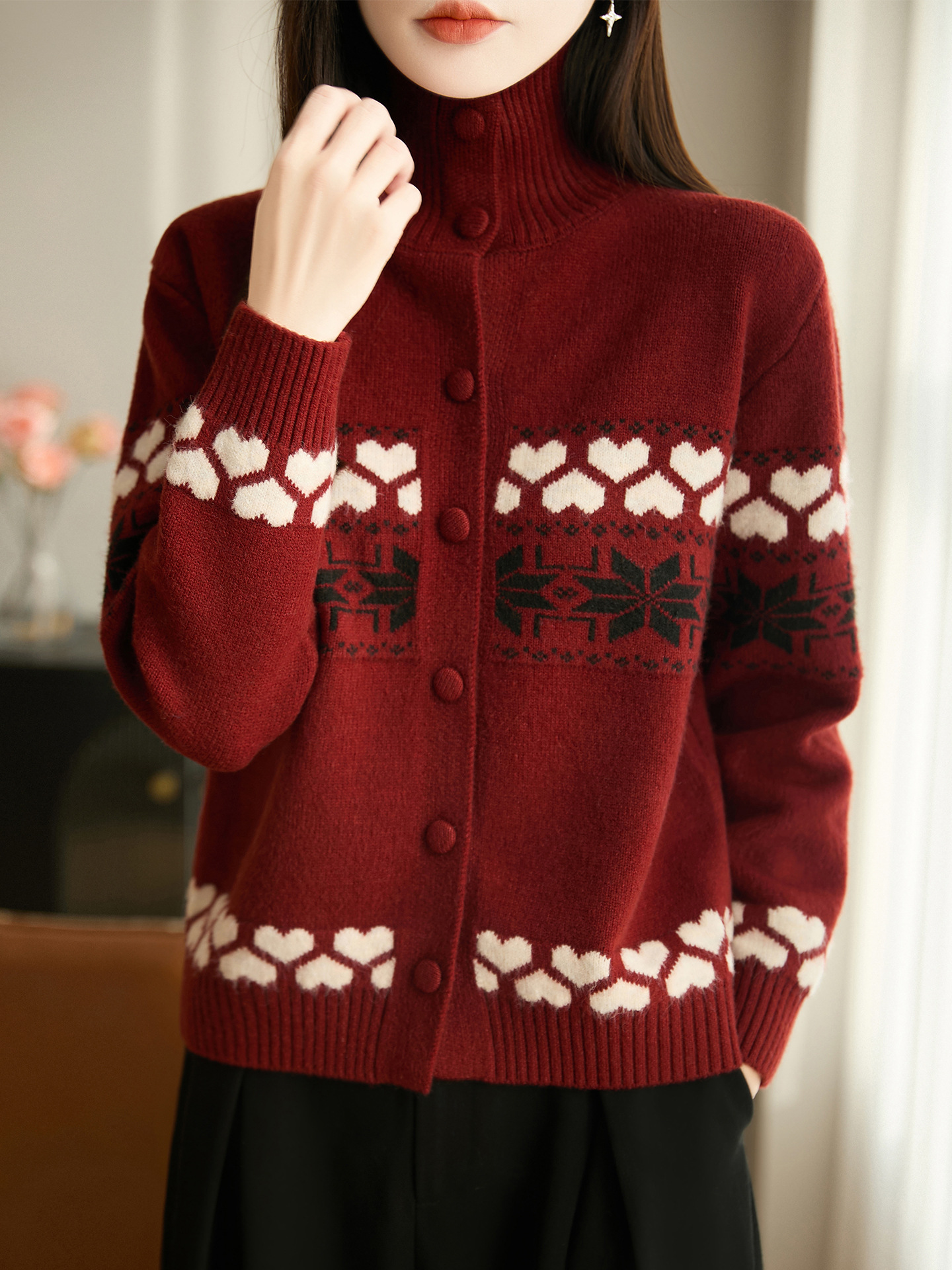 2025 Autumn/Winter New Raccoon Fur High-Neck Knitted Cardigan with Covered Buttons Fair Isle Jacquard Loose Top Coat for Women