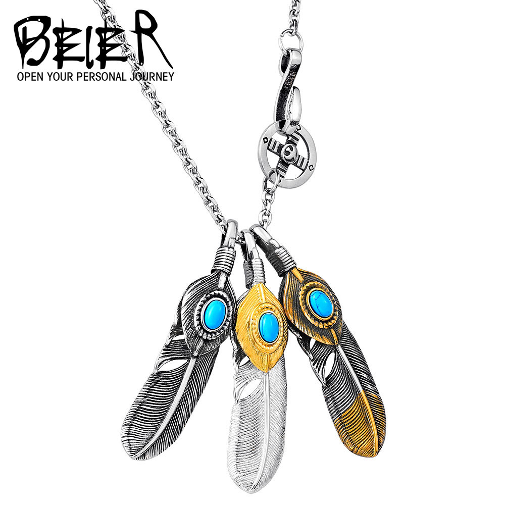 beier retro jewelry titanium steel inlaid turquoise men's and women's high bridge feather Eagle hook too angle necklace a generation of hair