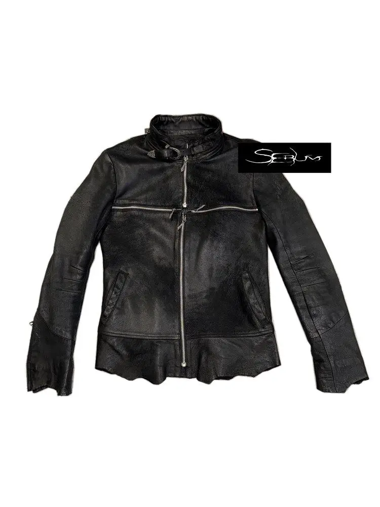 Original Chinese-Style Crosszip Vegetable-Tanned Sheepskin Distressed Oil-Waxed Leather Jacket