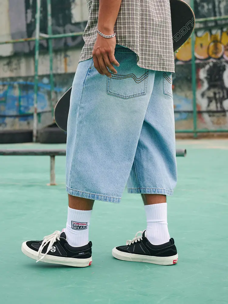 Vision Official American Street West Coast Wind Big Loose Retro Light Color 7 Points Denim Middle Pants over the Knee Shorts
