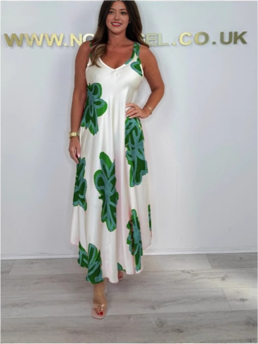 2025 Summer New Cross-border Independent Station European and American Style Women's High Waist Vest Sling Printed V-neck Fashion Long Dress