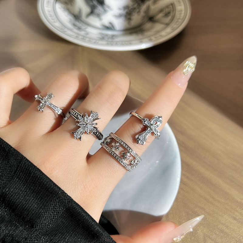 Gothic Style Personalized Fashion Minimalist Cross Micro-Inlaid Open Ring for Women, Unisex Trendy Retro Index Finger Ring
