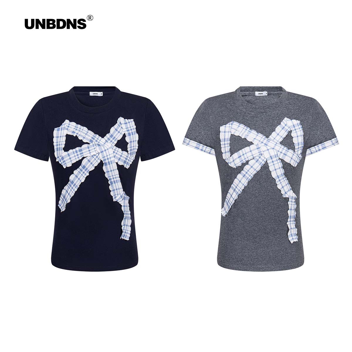 UNBDNS Sweet Cool Short-sleeved Spice Girl T-shirt Retro Bow Lace All-match Round Neck Fake Two-piece Top for Women Summer