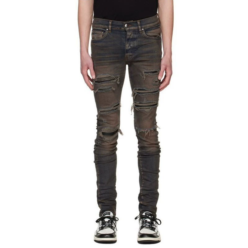 Burn Home Rocket Faded Mud Dyed Collar Skin Tight Broken Small Foot High Street Wash Old Vintage Jeans High Elastic