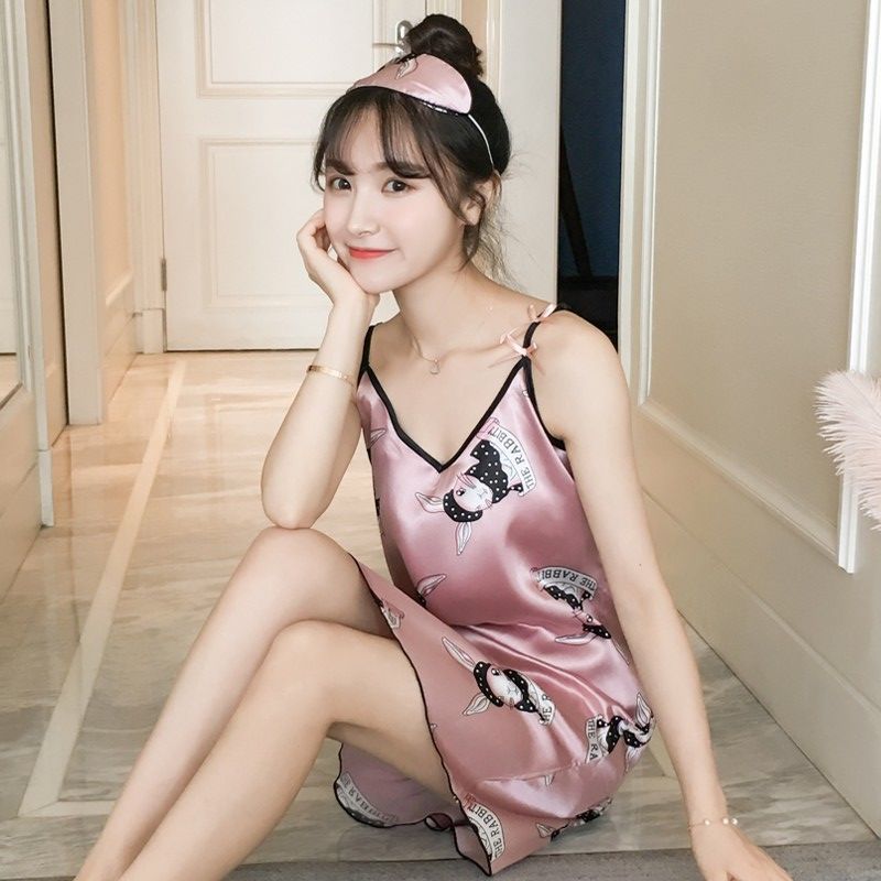 Summer Ice Silk Sexy Nightdress with Straps for Women, Rabbit Print, Korean Style Thin Student Silk Homewear for Spring and Autumn