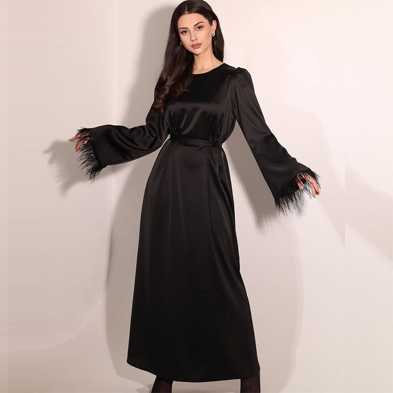 Crewneck Feather Strap Long dress Autumn Dress Autumn Women's High-end European and American Women's Clothing French Style Chanel