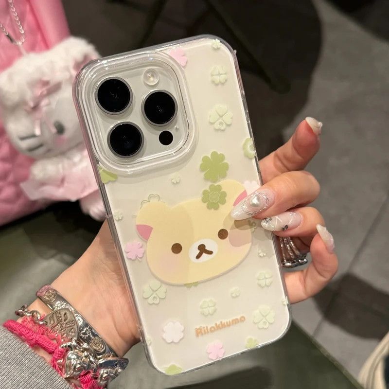 Four-leaf clover easy bear double-layer white print for Apple 16promax phone case 13 new 14 15