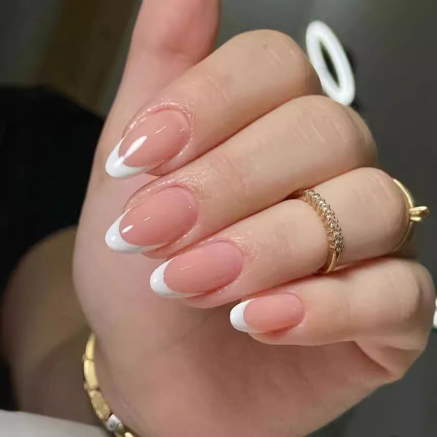 Short glossy Almond French fake nail piece ins simple temperament cross-border wear nail polish piece nail sticker 24 pieces