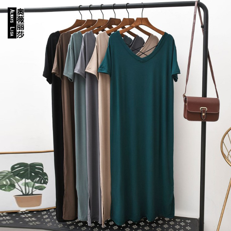 Spring and Summer New Modal Short-sleeved Loose V-neck dress Women's Back Beautiful Back Cross Hollow Long Skirt