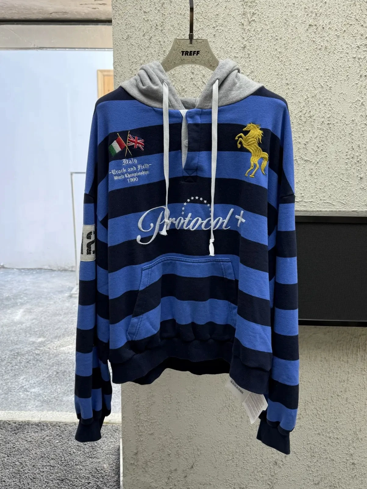 Protocol Index Striped Color-Blocked Embroidered War Horse Hoodie American Casual Couple Trendy Brand Sweatshirt