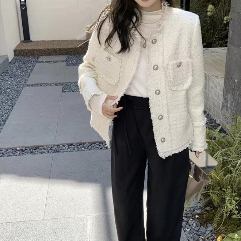 Creamy-white Chanel style coat for women autumn and winter high-grade temperament socialite short small tweed top