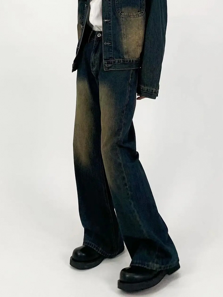 American retro washed jeans high street vibe distressed straight pants loose casual all-match skinny pants men's fashion