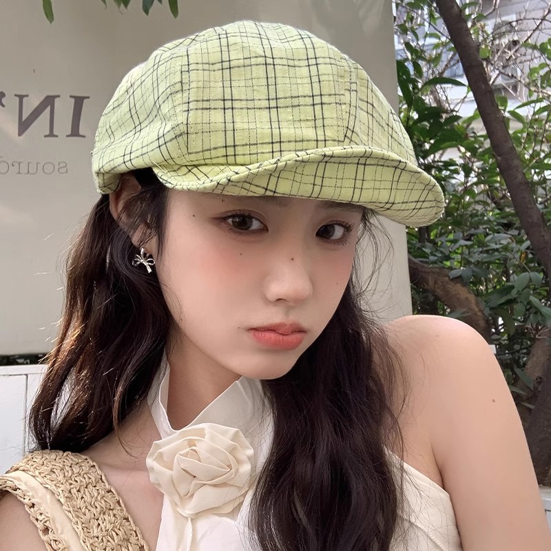 Korean Style Plaid Beret Women's 2025 New Spring Hat Cap Shown Face Small Octagonal Hat Painter Hat Thin