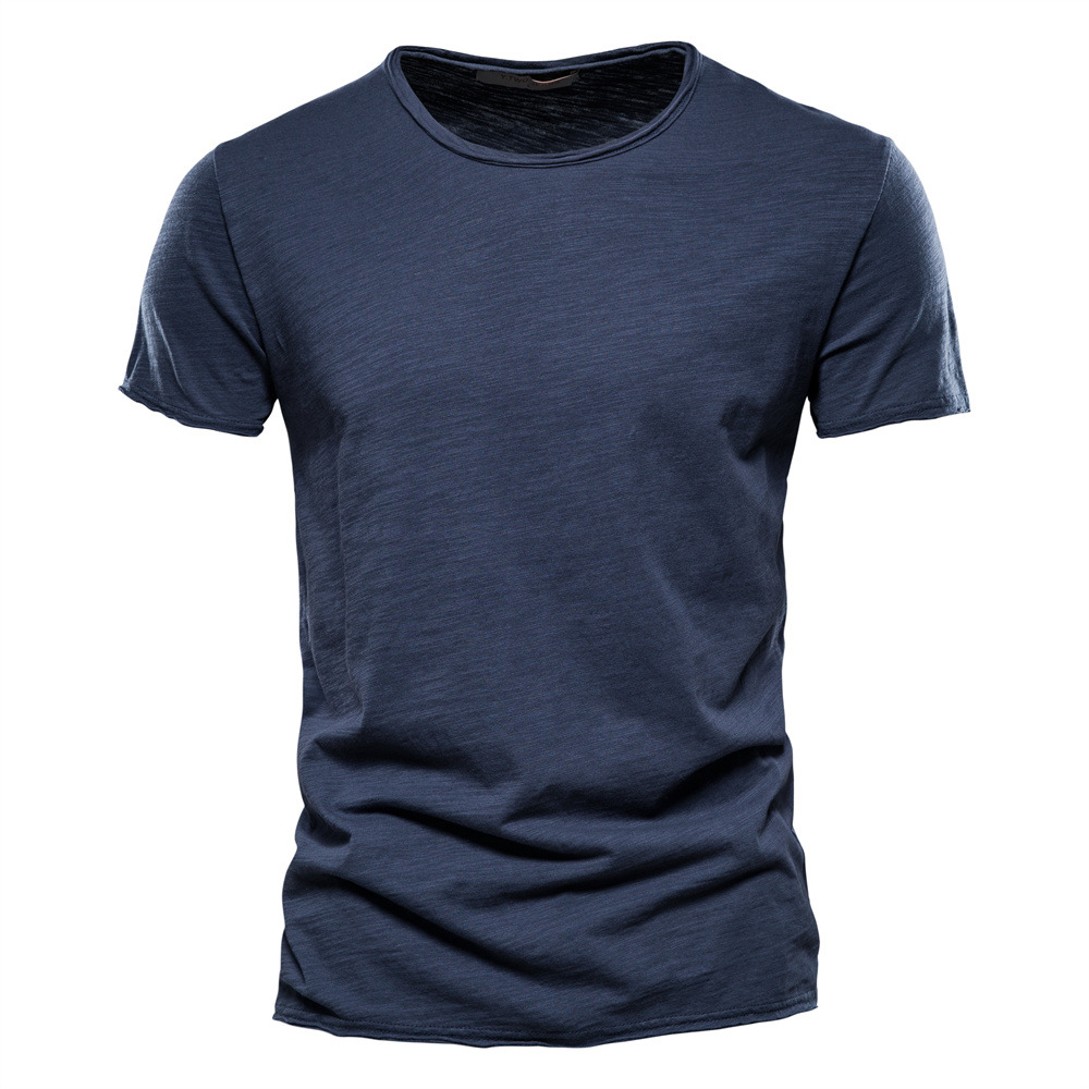 Cross-Border Summer New Solid Color Short-Sleeve Men's Slim-Fit Slub Cotton European Size Korean Fashion Casual Men's T-Shirt