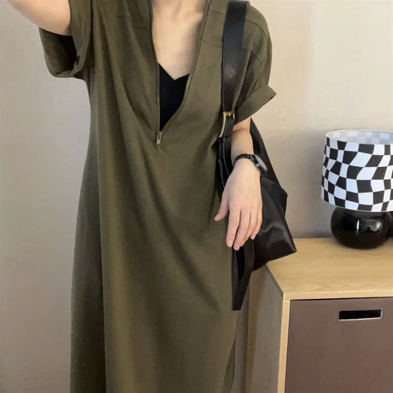 Vintage Hepburn Style High-grade Zipper Dress Women's Summer Large Size Fat Girl Loose Slimming Belly Covering Casual Midi Dress