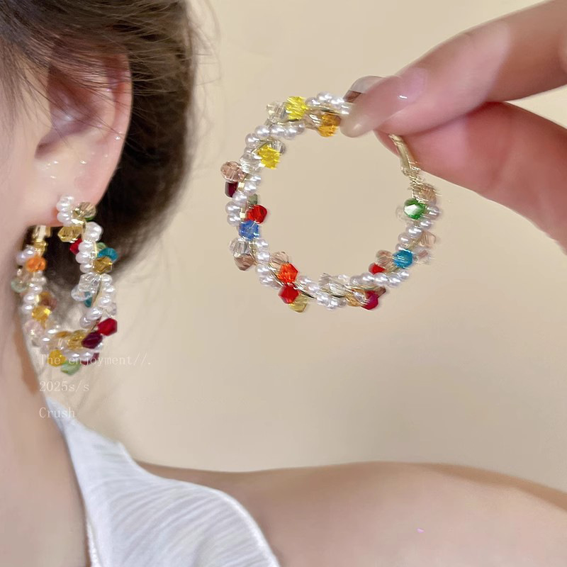 Contrast Color Summer Colorful Pearl Wrapped Earrings Niche Design Exaggerated Earrings Women's Colorful Dopamine Earrings