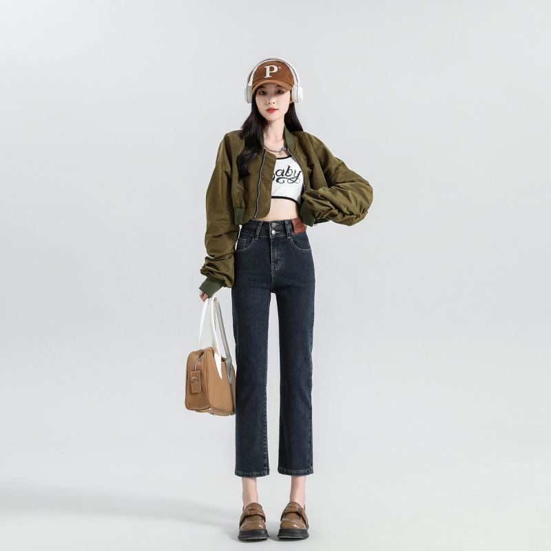Popular Cropped Straight-Leg Jeans for Women, Spring and Summer, Petite Size, Slim Fit, High-Waisted, Stretchy Cigarette Pants for Women