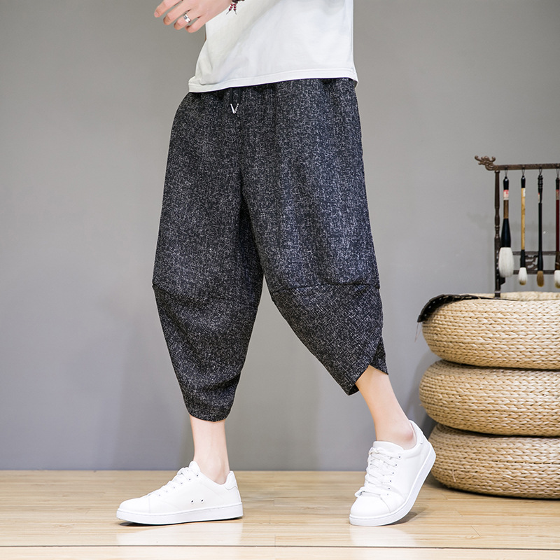 Linen Casual Capri Pants Men's Chinese Style Summer Thin Cotton and Linen Hallen Pants Loose Bloomers plus size Beach Pants