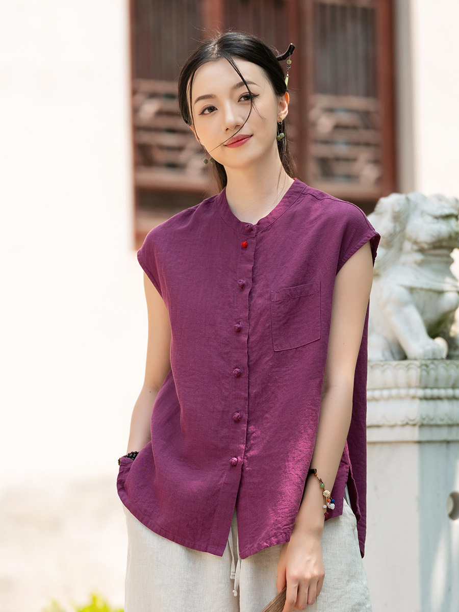 Mentally Repeat the Original Cotton and Linen Retro Zen Button-Up Top Women's Stand-Up Collar Vest Sleeveless Shirt Summer Style