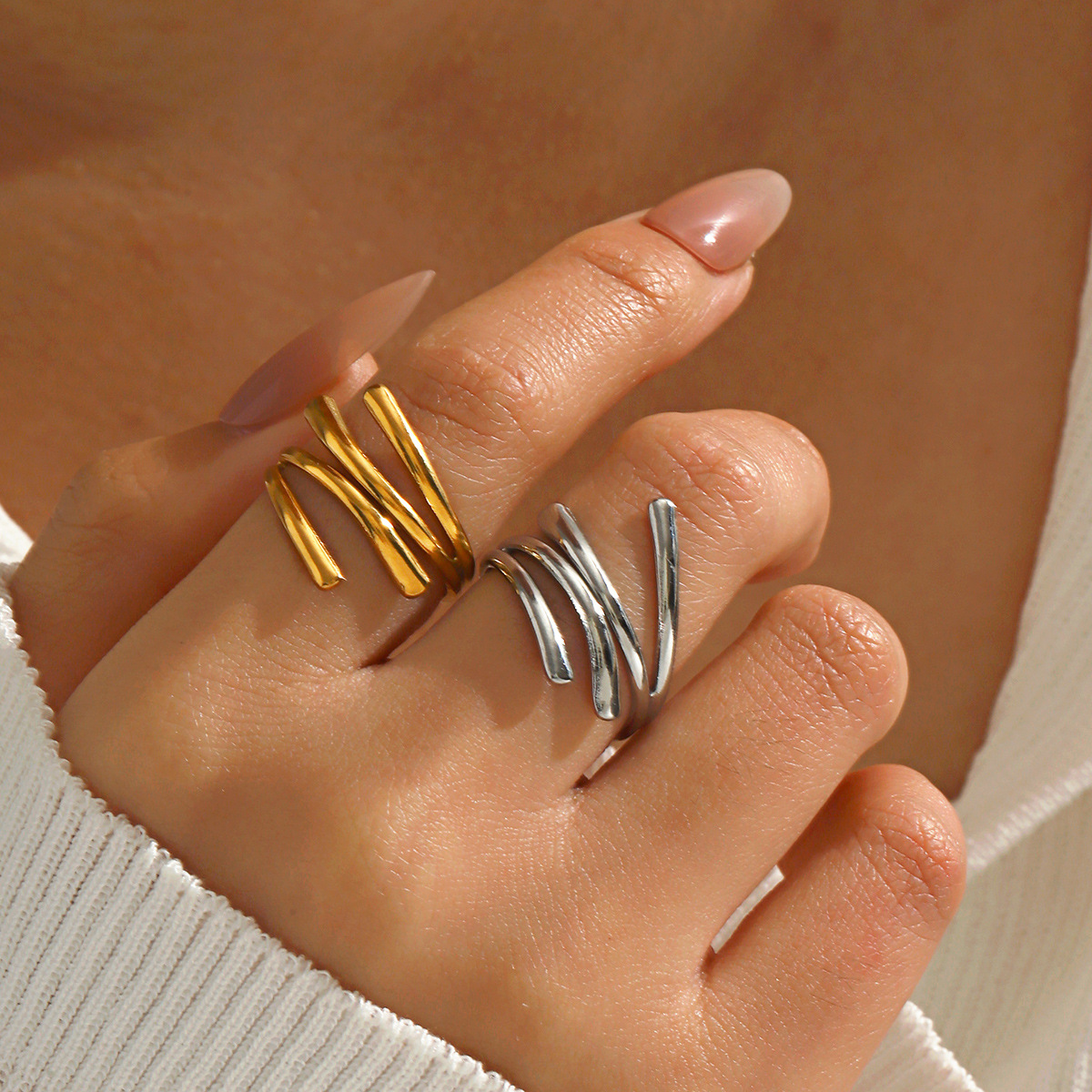 European and American Exaggerated Heavy 18K Gold Plated Exaggerated Stainless Steel Ring Geometrical Irregular Titanium Steel Open Ring Ladies