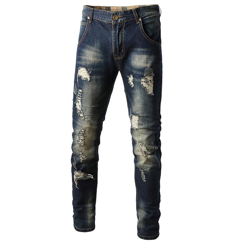 2025 Spring and Summer Retro Ripped Jeans Men's Fashionable Brand Slim-fit Small Straight Pants Japanese Style Old Fashionable Beggar Pants
