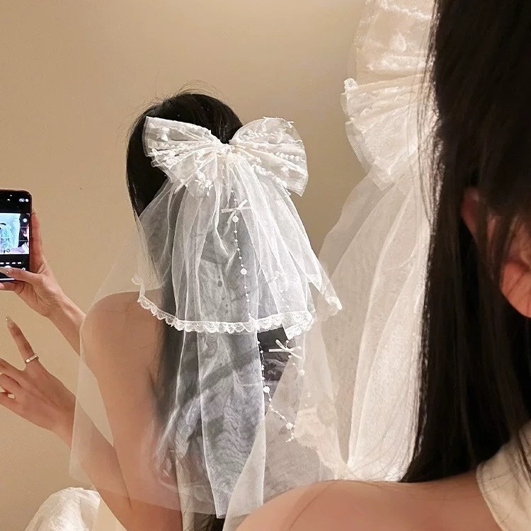 Super Fairy Atmosphere Pearl Bow White Lace Veil Hairpin Women's Birthday Certificate Headwear 2025 New