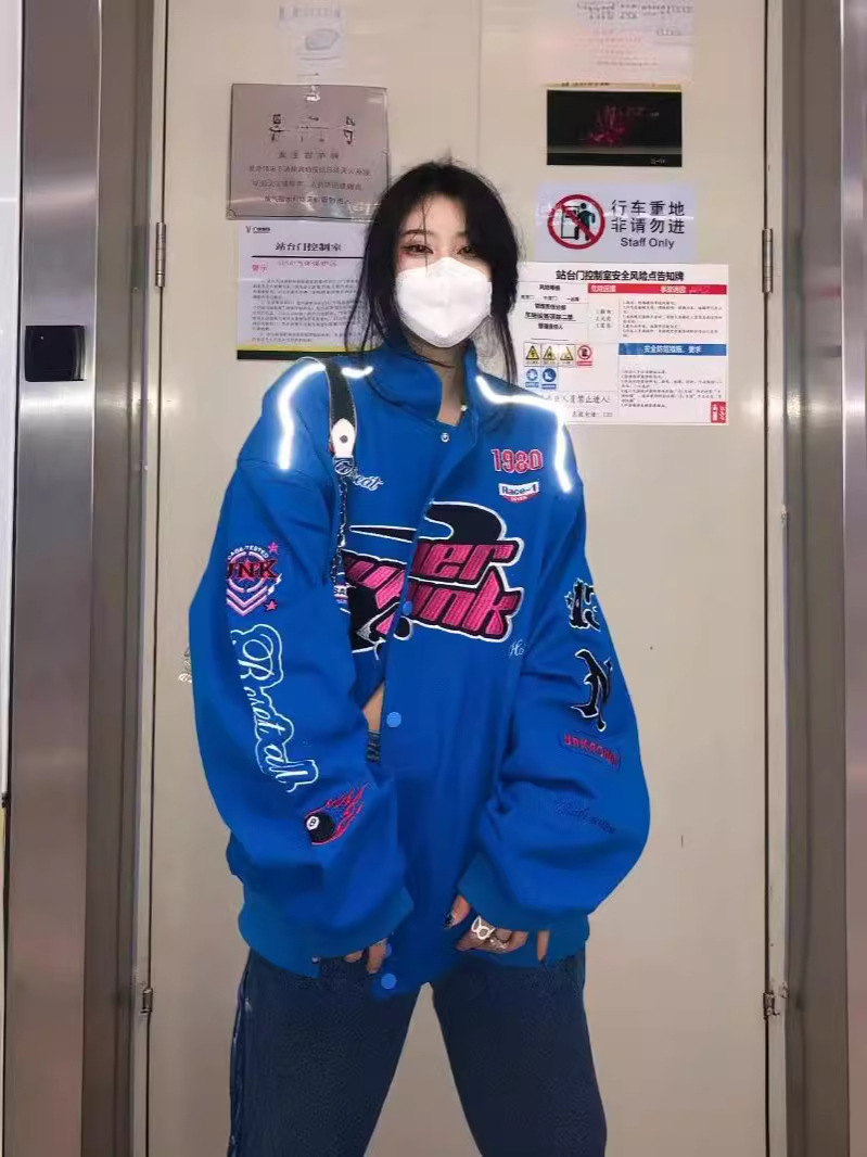 American Style Retro Embroidered Bike Suit Ins High Street Hip Hop Popular Brand Loose Baseball Suit Men's and Women's Cotton Jacket Coat Coat