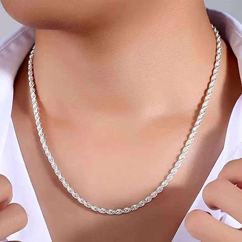 Jewelry European and American Fashion Simple Style Electroplated Sterling Silver Twisted Rope Necklace for Men and Women, Multiple Size Options, Fashionable for Commuting