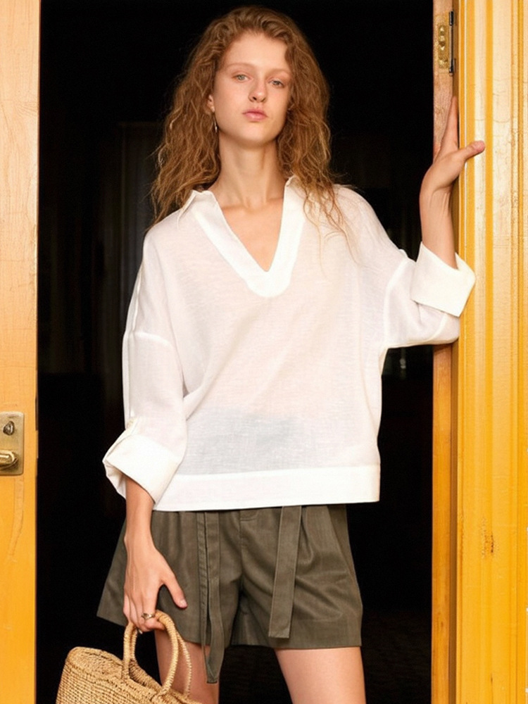 【Clearance Sale】Old Money Style Linen White Shirt V-Neck Long Sleeve Cotton-Linen Shirt for Women Unique Turn-Down Collar Top