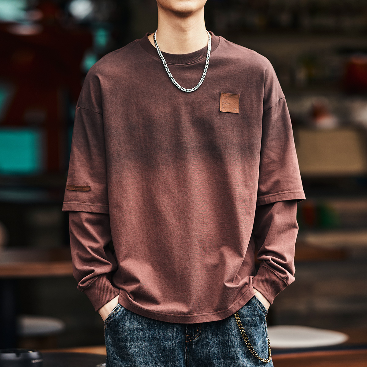 Gelan Deer Vintage Gradient Washed Fake Two-piece Long-sleeved T-shirt Men's Spring and Autumn Trendy Brand Loose Casual T-shirt for Men