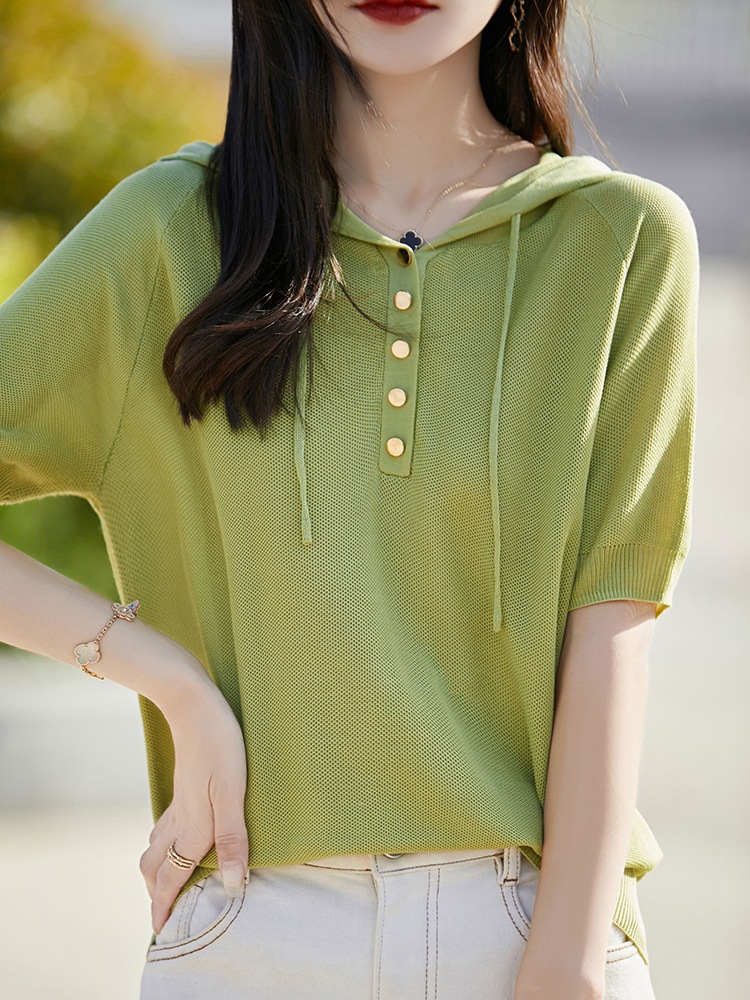 24 New Summer Tencel Hooded Short-sleeved T-shirt Women's Loose Age-reducing Pink Knitted Hoodie Top Cross-border Wholesale