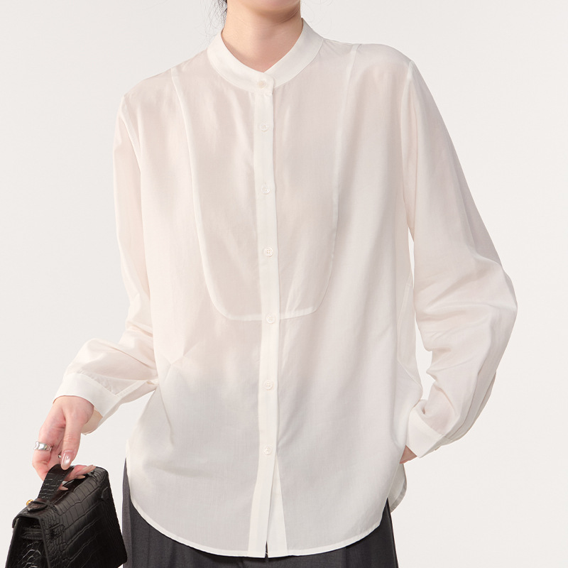 Spring New Style Lyocell Tencel Simple Versatile Shirt Cardigan Long-Sleeved Loose Solid Color Stand-Up Collar Casual Shirt for Women