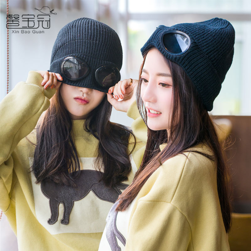 9535 autumn and winter windproof goggles plus velvet ski hat Amazon European and American knitted warm wool hat
