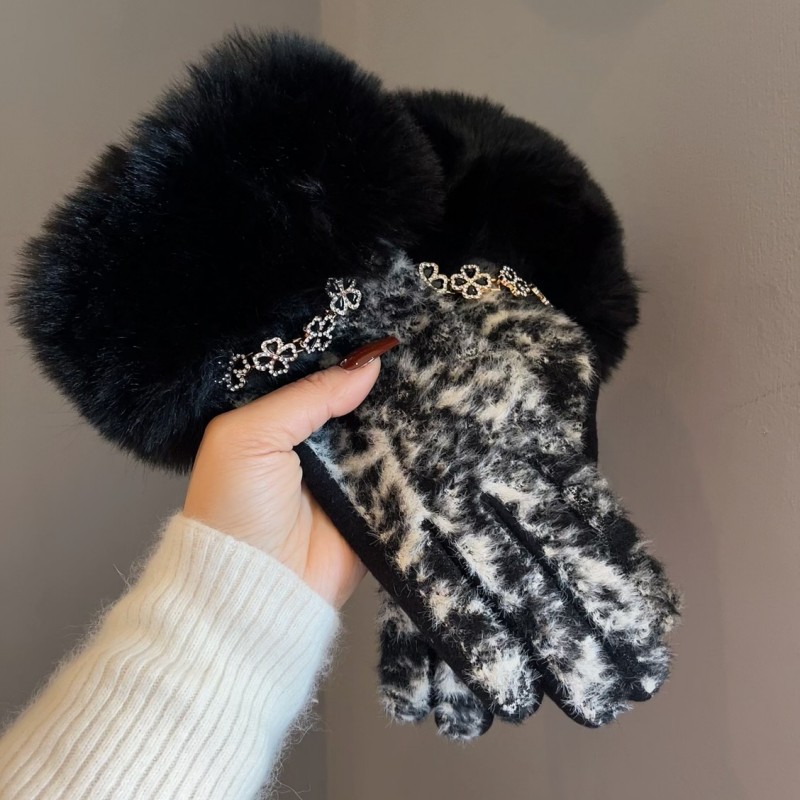 Light Luxury High-end Leopard Print Hair Touch Screen Warm Gloves Winter Women's fleece-lined Flower Chain Fashion Gloves