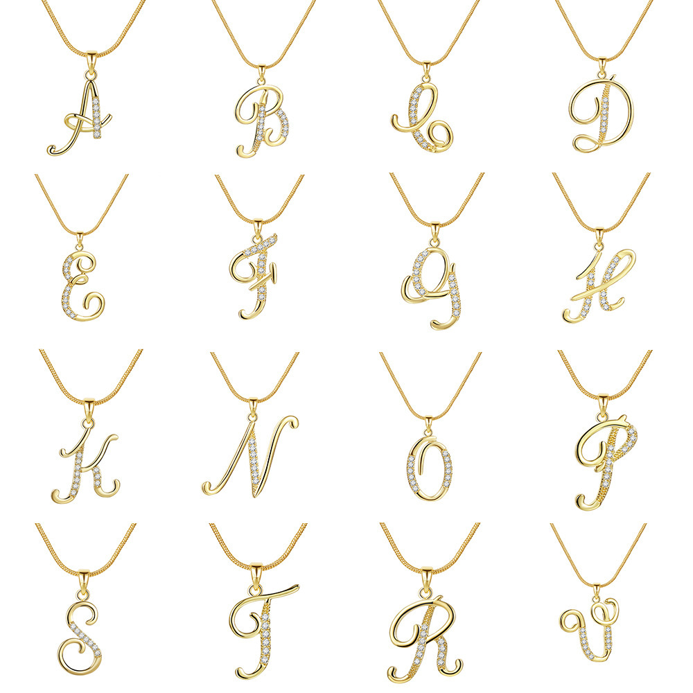 Europe and the United States cross-border 26 letters copper set zircon round snake chain necklace letters gold pendant creative simple letters