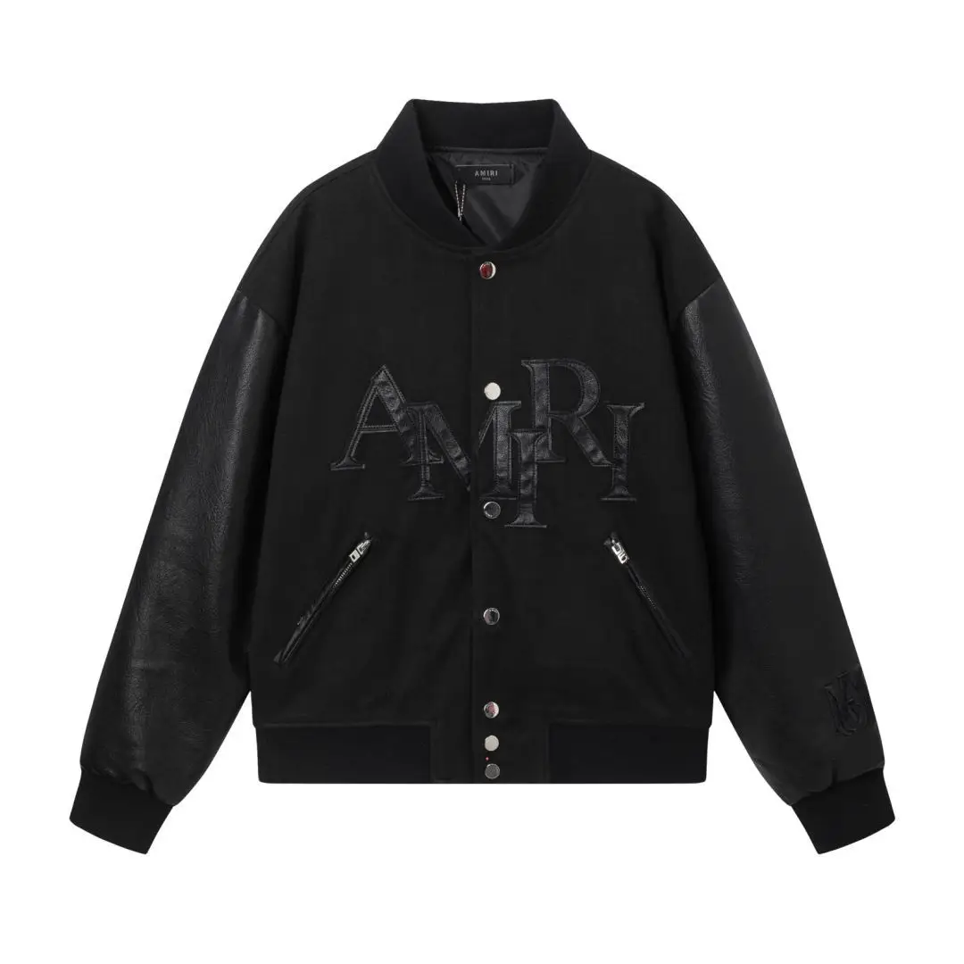 AMIRI春秋拼皮袖 男士休闲字母夹克 贴皮装饰街头棒球服上衣外套