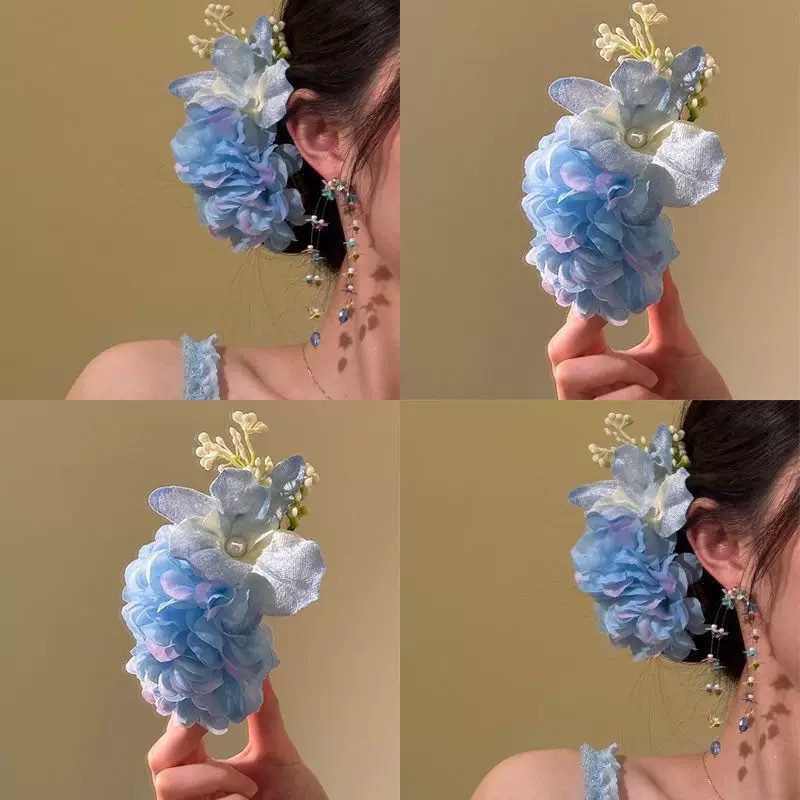 Blue Butterfly Flower Hairpin for Women, New Chinese Style, Realistic for Photoshoots, Holiday Hanfu Hair Clip, Side Clip Hair Accessory