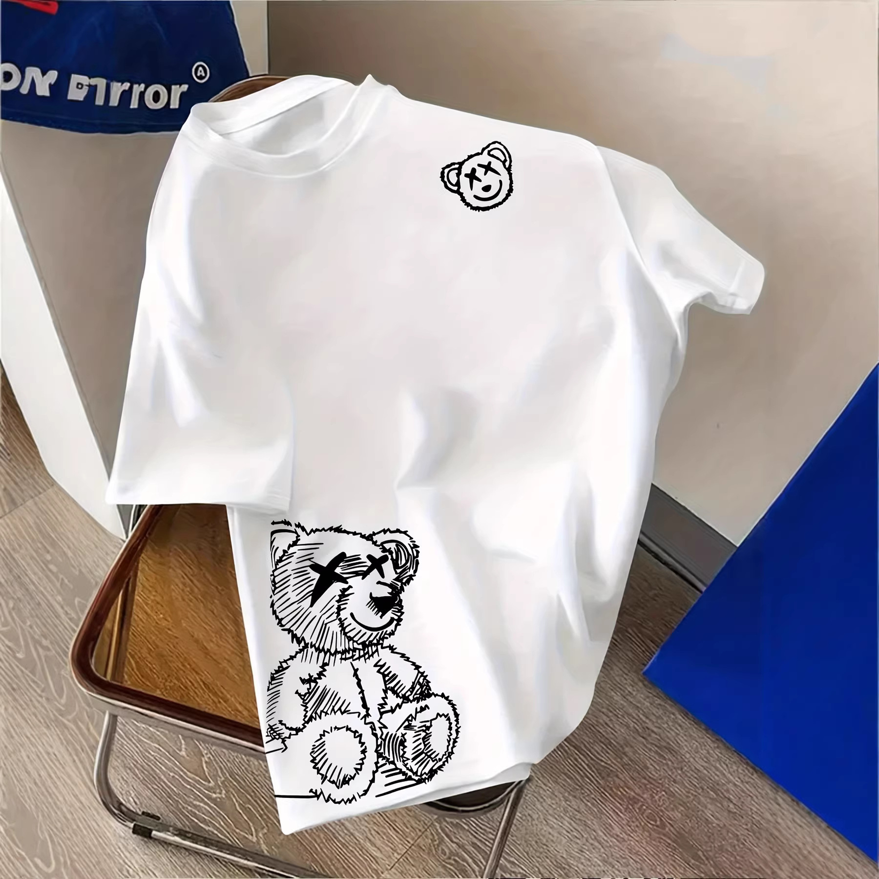 Cross-Border Foreign Trade Men's New Short-Sleeved Tops with Simple Lines and Bear Pattern Digital Printing Round Neck Short-Sleeved T-Shirt