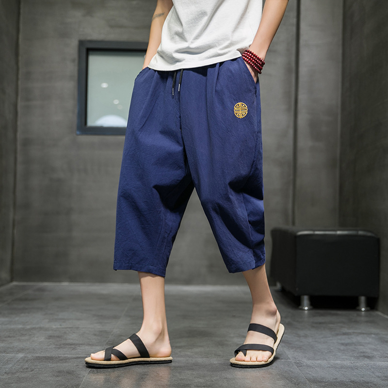 Capri Pants Men's Summer Linen Men's Pants Shorts Youth Sports Pants Straight Loose Pants Cotton Linen Casual Pants