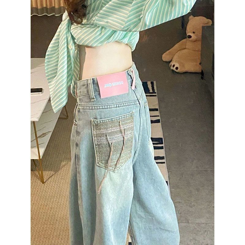 Personalized Versatile High Waist Wide Leg Jeans Spring and Autumn Slimming Dipped Design Sense Pocket Loose Straight Jeans