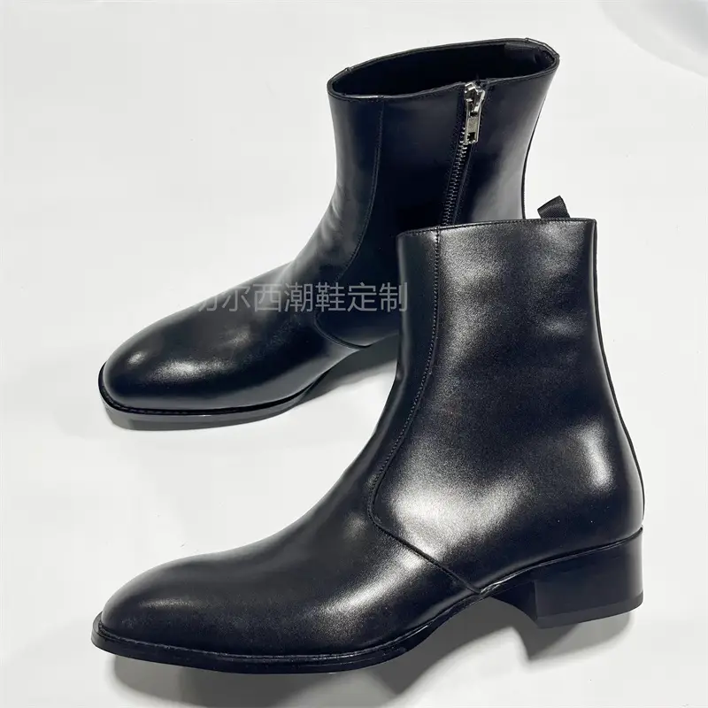 Boots Genuine Leather Thick Sole Mid-Top Chelsea Pointed Toe Trendy Men's Simple Men's Shoes