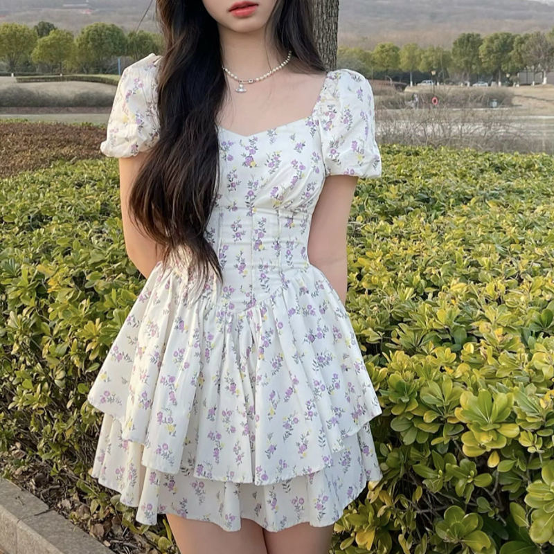 French-Style Floral Grape Purple Dress for Women, 2026 Summer New Model, Off-Shoulder Square Neck Puff Sleeve Short Dress