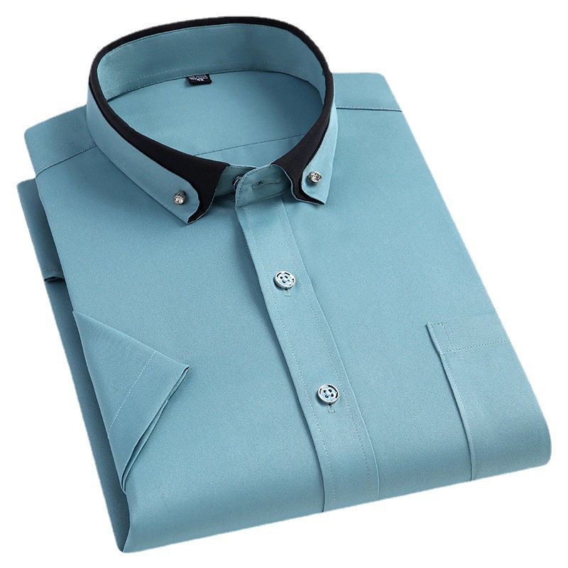 Cross-border Supply Summer Short-sleeved Shirt Elastic Anti-wrinkle Contrast Color Stand Collar Diamond Button Men's Cardigan Top Men's Shirt