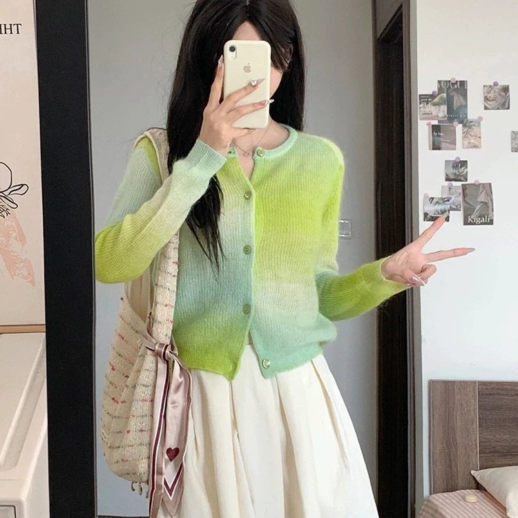 Spring and Autumn Korean-Style Gradient Green Mohair Knitted Cardigan Top with Unique Style and Elegant Outerwear Sweater for Women