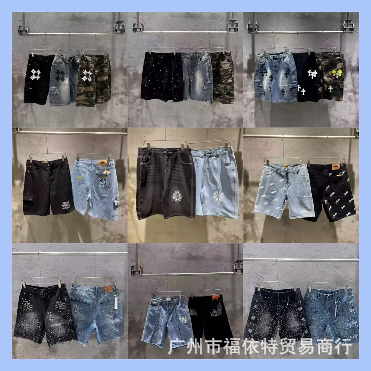 Cross-Border New American Version of Alcatraz Logo Embroidered Jeans Embroidered Personalized Five-Point Pants for Men and Women Couple Shorts Trendy