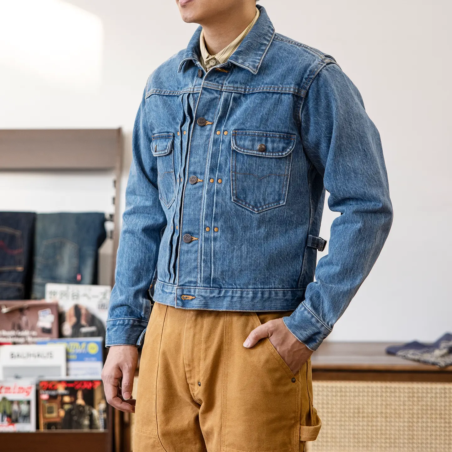 Red Style Washing Water Denim Outwear Men's 18Oz Heavy Weight Short Silm Denim Clothes Jacket 11mj Lennon Same Style